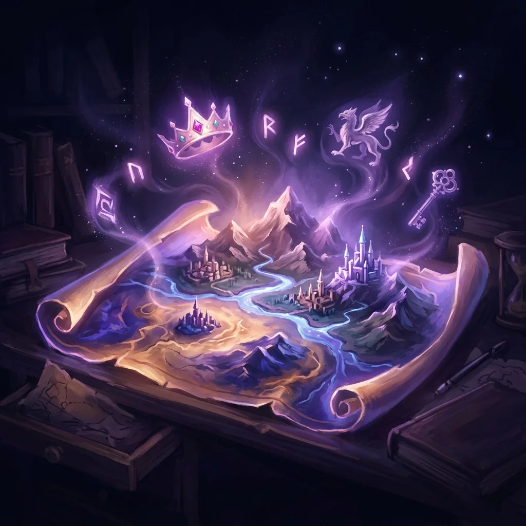 Mapa de fantasía desplegado sobre una mesa del que emergen en forma de holograma una corona, una gárgola, una llave y runas luminosas