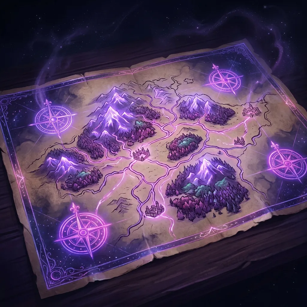 Un mapa de fantasía antiguo y luminoso con montañas, bosques, ciudades y ríos violetas, enmarcado por rosas de los vientos