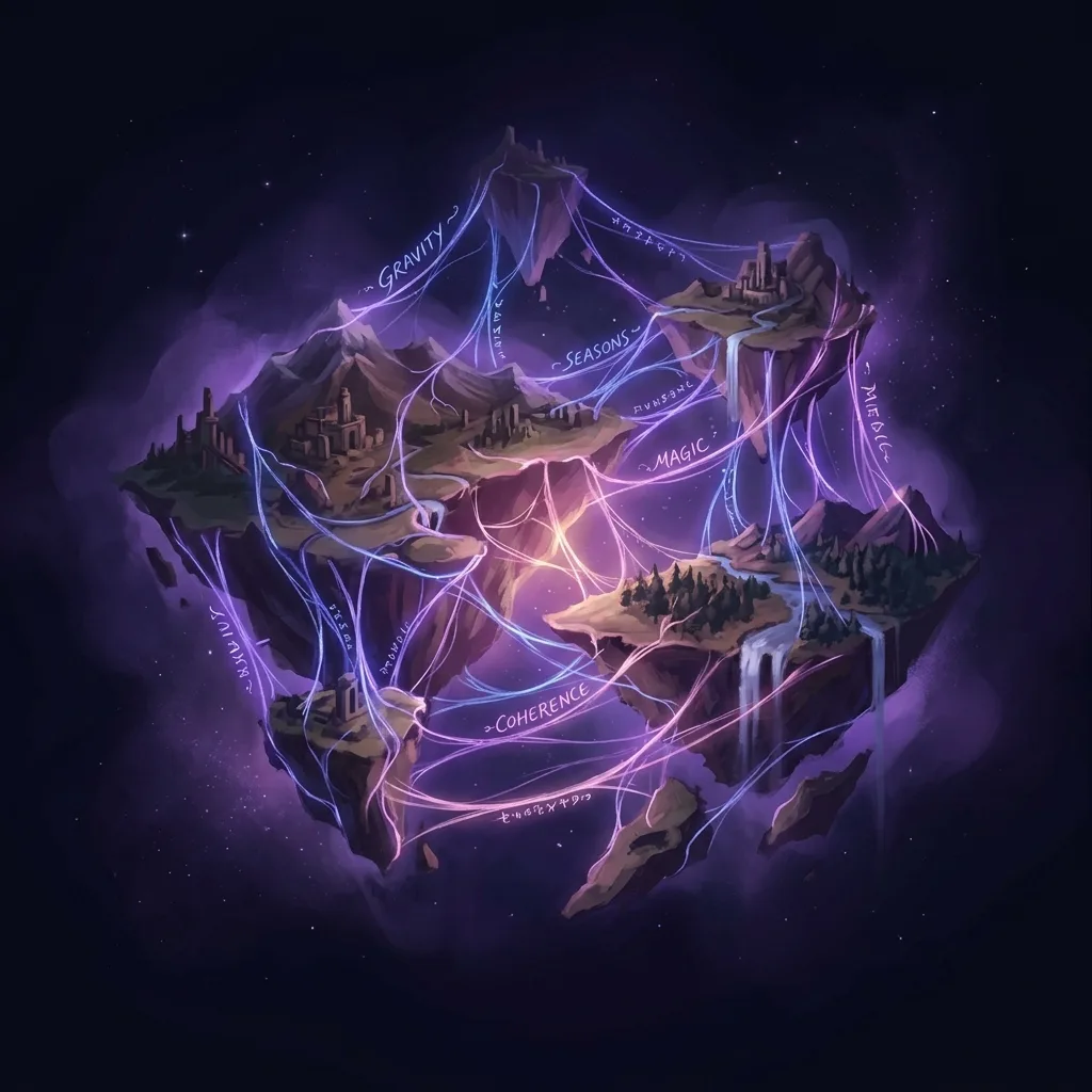 Isla flotante con montañas, ríos y ciudades, envuelta en hilos luminosos etiquetados con las leyes del mundo: Gravity, Seasons, Magic, Coherence