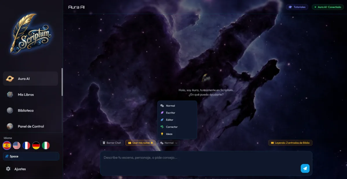 Aura AI, Scriptum's AI writing assistant, working alongside the writer on the context of their own novel