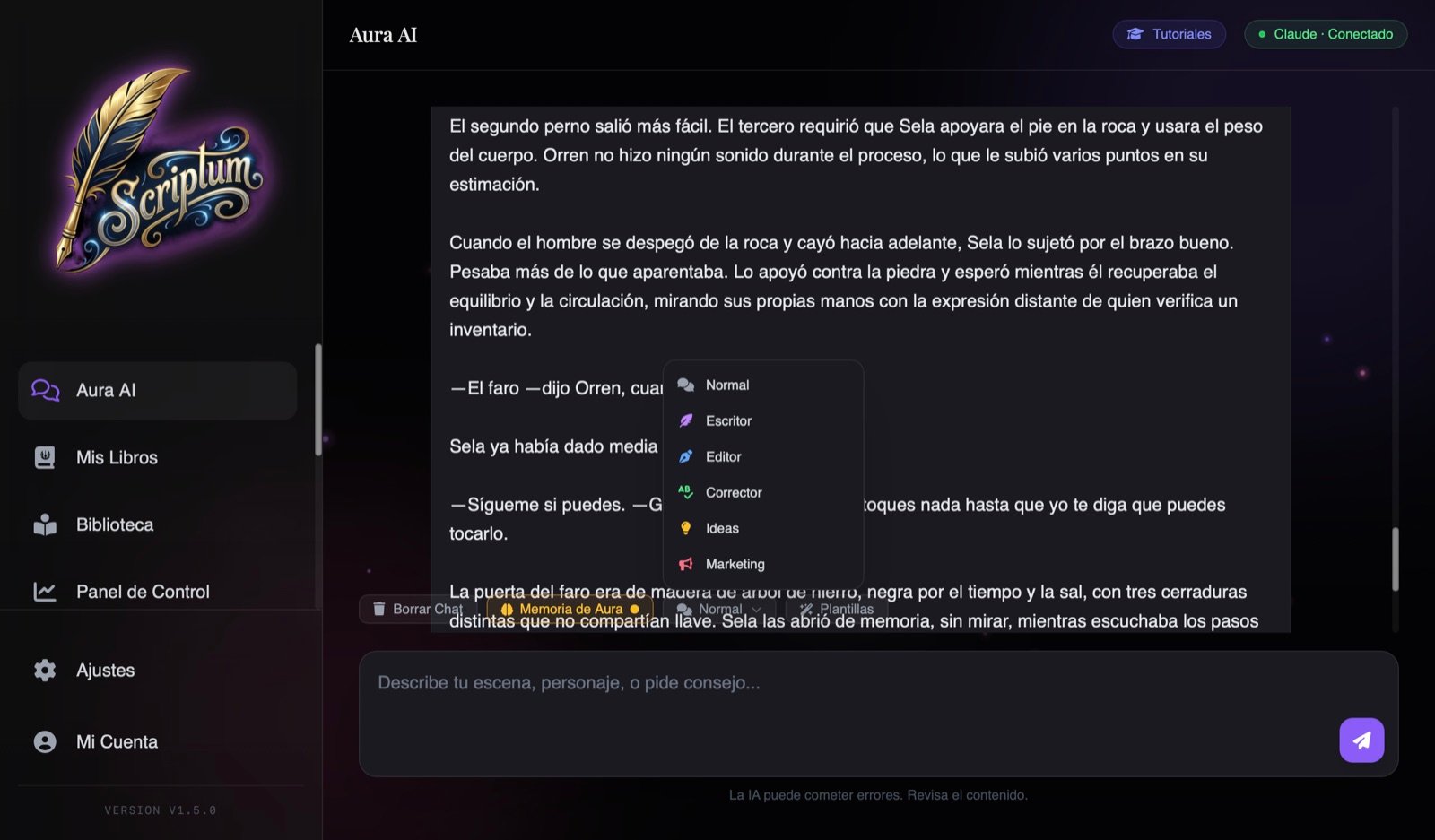 Aura IA en Scriptum: asistente de escritura con inteligencia artificial y sus 6 modos para generar escenas, desarrollar personajes y superar el bloqueo