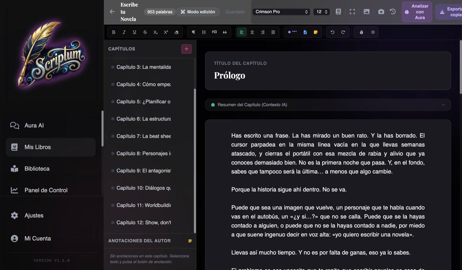 Editor de Scriptum escribiendo una novela: capítulos, texto real y el asistente Aura, en un entorno inmersivo de tema oscuro