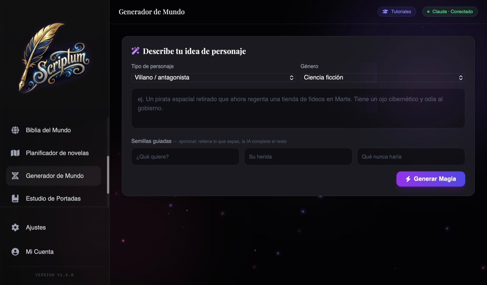 Generador de personajes de Scriptum: crea personajes de novela con ficha, rasgos y trasfondo, listos para tu historia