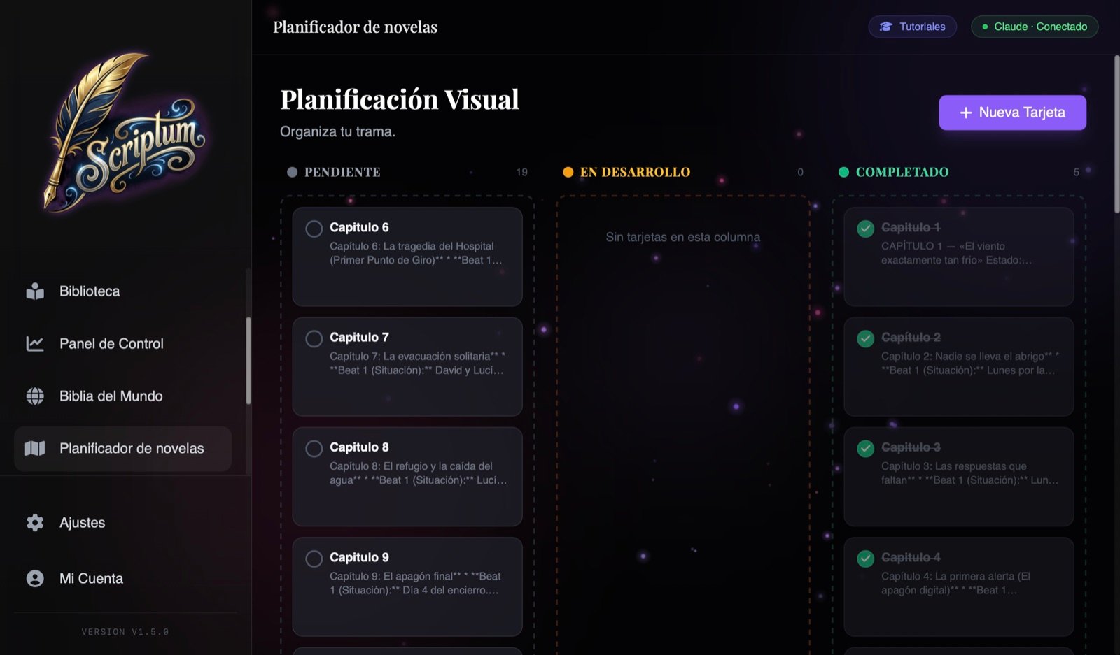 Planificador visual de Scriptum: organiza capítulos y estructura narrativa con un tablero kanban de arrastrar y soltar