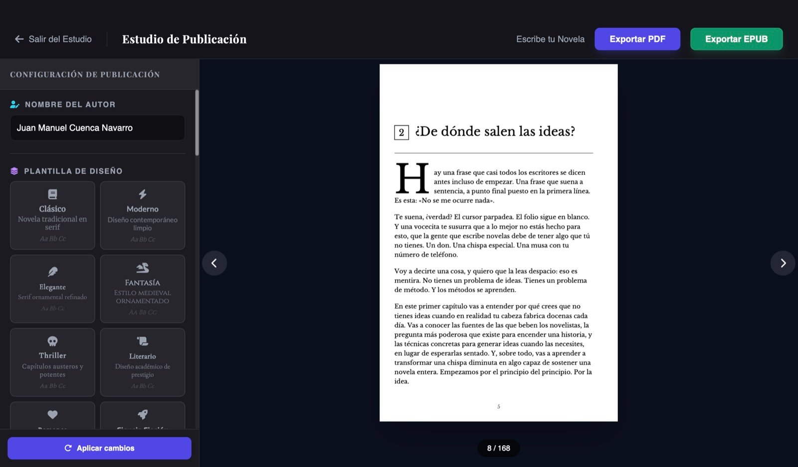 Estudio de publicación de Scriptum: exporta tu libro a PDF de Amazon KDP, EPUB y DOCX con plantillas tipográficas profesionales